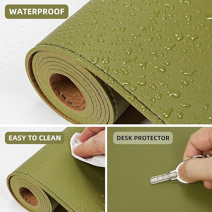AFIING Cork Desk Mat 47" x 23.6", Dual-Sided Natural Cork & PU Leather Desk Pad, Non-Slip Waterproof Large Mouse Pad for Office, Home & Gaming (Olive Green)