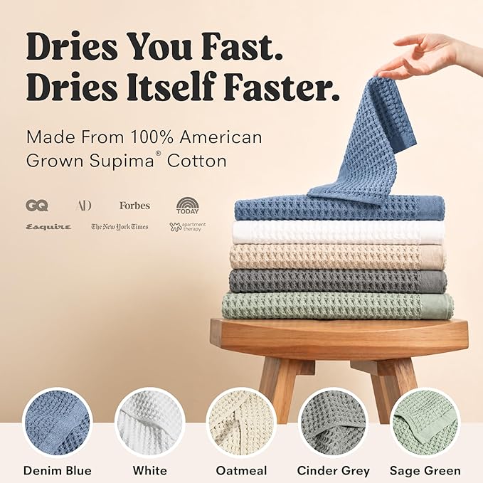 ONSEN Supima® Waffle Face Towels, Quick Dry Lint Free 100% USA Cotton, Lightweight Absorbent Face Towel Set, 12x12 in (Oatmeal, Face Towel 2-Pack)