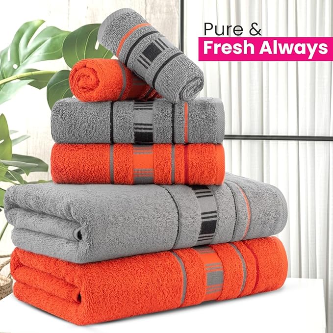 CASA COPENHAGEN X Line 6Pcs 100% Egyptian Cotton Large Designer Towels Gift Set- Grey - Red, 600 GSM, 2Bath 2Hand 2Washcloths, Bath Towels for Bathroom Set for Women & Men