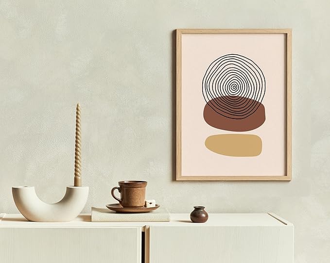 Boho Abstract Wall Art Minimalist Stacked Stones Circles Earth Tones Terracotta Mid Century Modern 11x14 Inch Oak Wood Beige Framed Zen Meditation Print for Living Room Office Decor