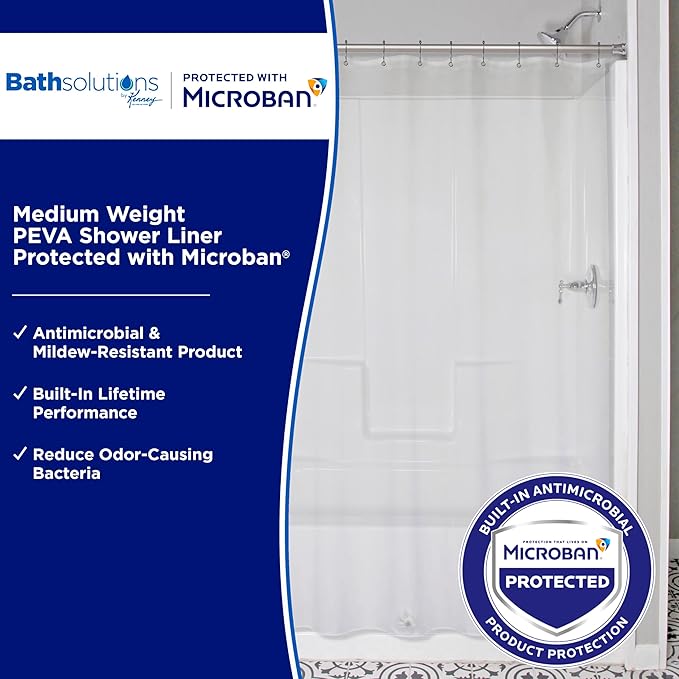 Kenney MB61160PK2 Microban Protected Medium Weight 4.8G Waterproof PEVA Shower Curtain Liner with Rust-Resistant Metal Grommets and Weighted Magnetic Hem for Bathroom, 70" W x 72" H, Clear, 2-Pack