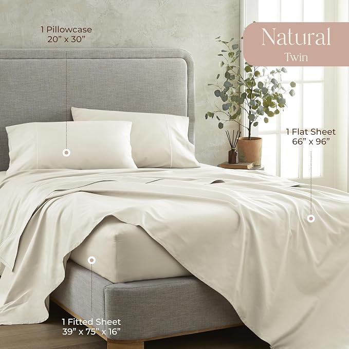 100% Organic Cotton Sheets Twin Size - GOTS Certified Organic Bed Sheets with Deep Pocket 500 Thread Count and Cozy Sateen Weave Gets Softer with Each Wash - Luxury 3 Piece Set (Natural, Twin)