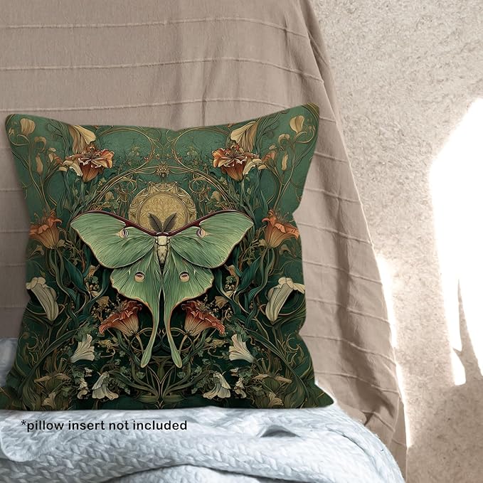Vintage Luna Moth Throw Pillow Cover Gifts 18x18, Cottagecore Floral Decor Pillow Cases for Bedroom Living Room, Green Mystical Gothic Art Nouveau Square Pillowcases for Couch Bed Sofa