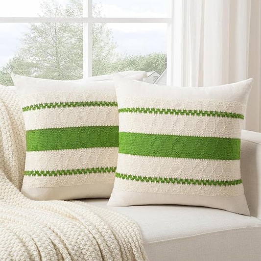 Fancy Homi Set of 2 Boho Lime Green Decorative Throw Pillow Cover 20x20 Inch for Couch Bed Sofa, Aesthetic Modern Organic Farmhouse Home Decor, Soft Cotton Cute Accent Macrame Woven Cushion Case