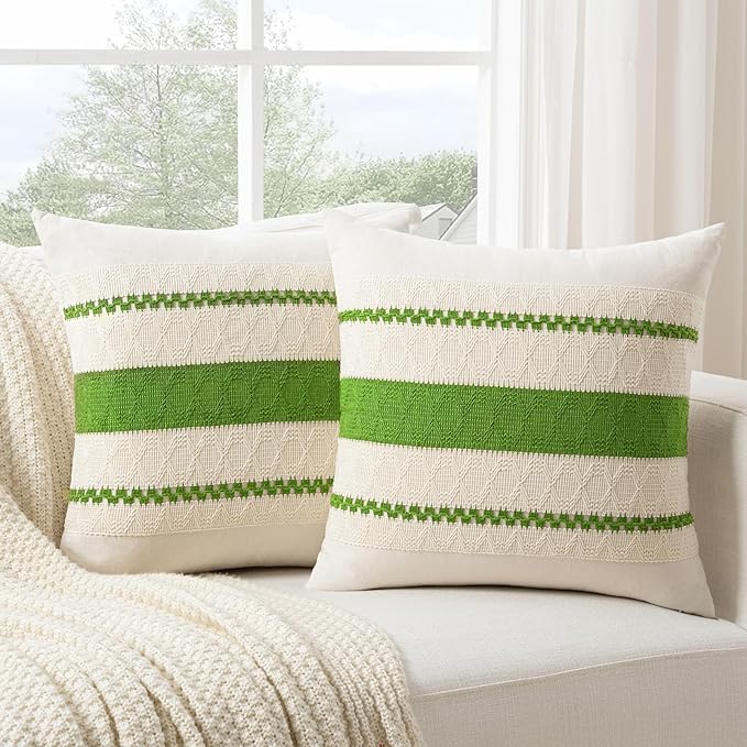 Fancy Homi Set of 2 Boho Lime Green Decorative Throw Pillow Cover 16x16 Inch for Couch Bed Sofa, Aesthetic Modern Organic Farmhouse Home Decor, Soft Cotton Cute Accent Macrame Woven Cushion Case