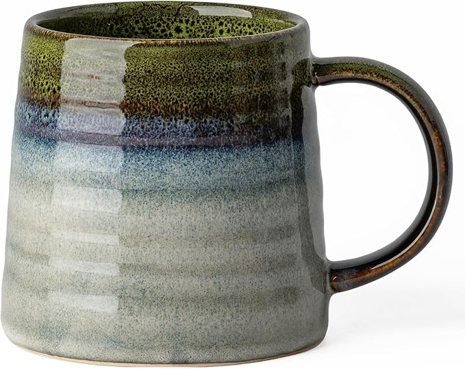 15.5 Oz Large Reactive Glaze Ceramic Mug, Heavy Weighted Stoneware Coffee Cup, Wide Base, Thick Wall Big Tea Cup with Custom Package Box, Microwave & Dishwasher Safe (Light Green)