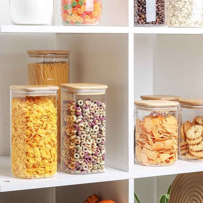ComSaf Airtight Glass Storage Canister with Wood Lid (50oz&37oz), Clear Food Storage Container Jar with Sealing Bamboo Lid for Noodles Flour Cereal Rice Sugar Tea Coffee Beans, Set of 7