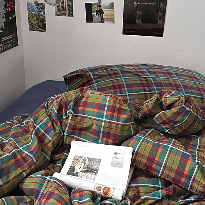 mixinni Buffalo Plaid Duvet Cover Queen Size - 100% Washed Cotton 3-Piece Bedding Set for All Seasons, Retro Grid Design, Soft Breathable Comforter Cover with Zipper Ties for Men, Women-Queen Size