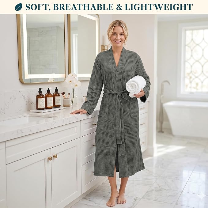 PAVILIA Womens Waffle Knit Robe Lightweight Cotton Blend Full Length House Bathrobe with Pockets