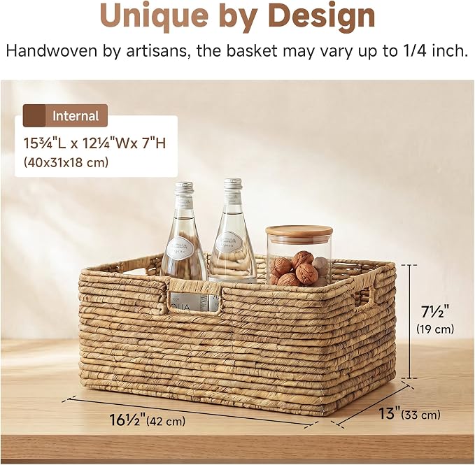 StorageWorks Extra Large Wicker Baskets for Storage, Water Hyacinth Storage Baskets for Shelves, Decorative Basket, Natural, 1-Pack, 16½" x 13" x 7½"