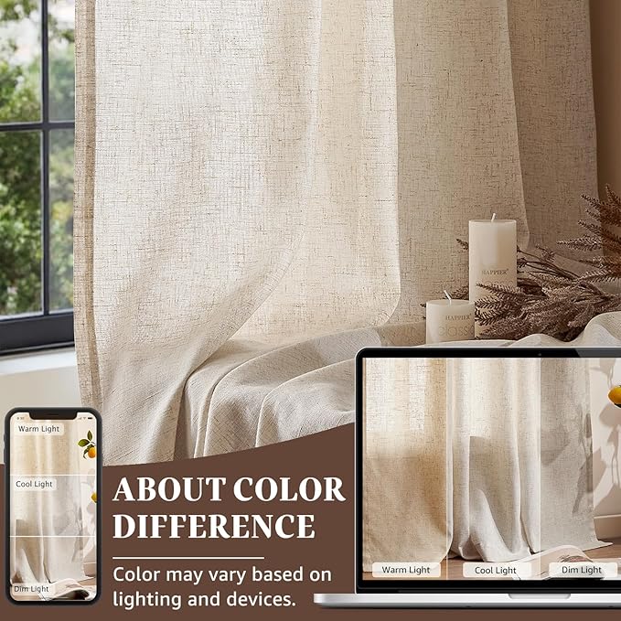 jinchan Beige Linen Blend Curtains 84 Inches Length 2 Panels for Bedroom Living Room, Light Filtering 60 Inches Wide Natural Farmhouse Drapes with Rod Pocket Back Tab (60W x 84L, Ecru)