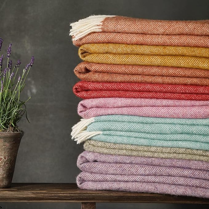 Moon Wool Plaid Throw Blanket, Pure New Wool, Herringbone Gold, Made in UK