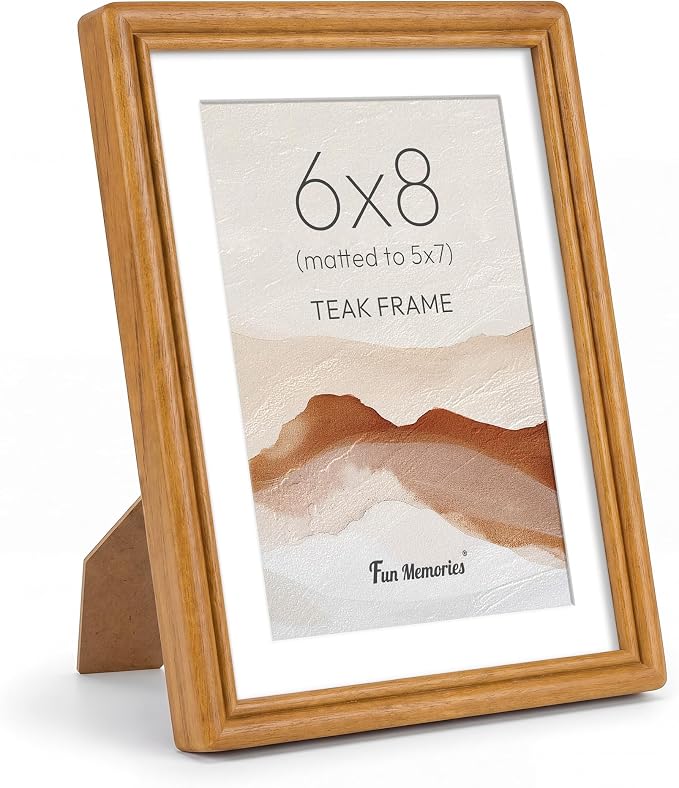 6x8 Picture Frame with Mat for 5x7, USA-Sourced Natural Teak Wood Handcrafted Rounded Corner with HD Tempered Glass, 6 x 8 Photo Frames Gallery Wall & Tabletop, Vertical or Horizontal Display