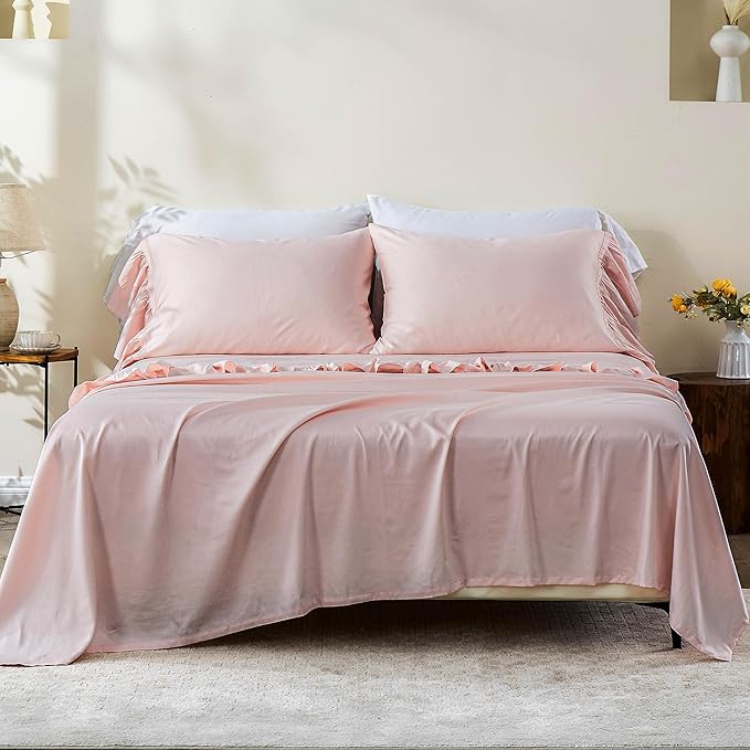 Simple&Opulence 100% Organic Cotton Sheet Set, Long Ruffle Bed Sheets (1 Flat Sheet, 1 Fitted Sheet and 2 Pillowcases) Elegant Shabby Chic Bedding Farmhouse Charming Vintage - Pink, Queen