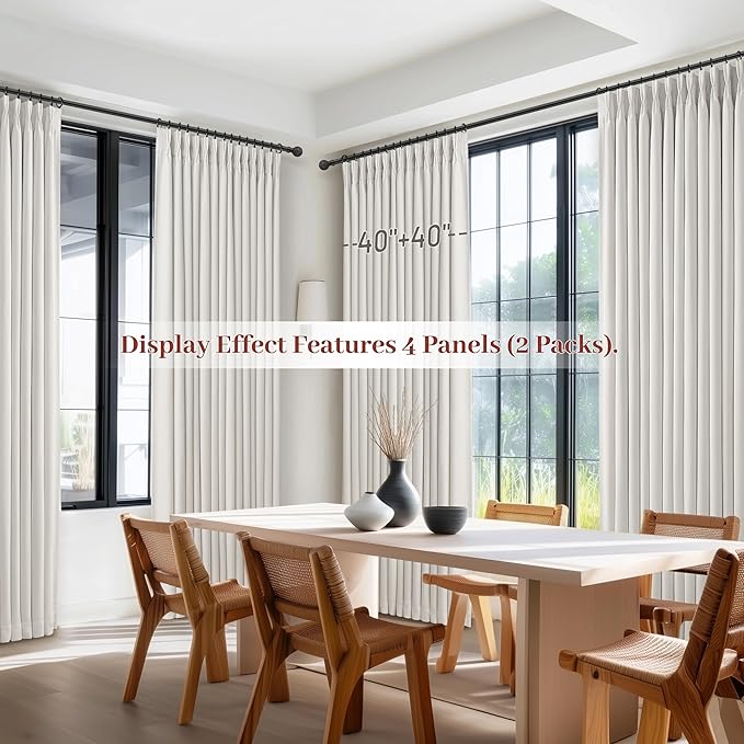 Off Beige White Double Layer Thick Linen Blackout 105 Inch Curtains 2 Panels Set for Dining Room, Pinch Pleated Room Darkening Thermal Curtain for Summer Heat Boho Office Window Drapes 8-3/4 FT Length