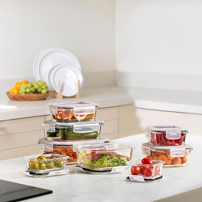 Sorbus 16pc Glass Meal Prep Containers Set – 4 Square and 4 Round Food Storage Containers with Airtight Lids – Freezer, Dishwasher, Oven Safe – Reusable Glass Containers for Meal Prep and Storage