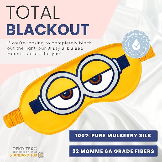 Blissy Silk Sleep Mask - Eye Sleeping Mask for Women & Men for Total Blackout - 100% Pure Mulberry Silk, 22 Momme 6a Fibers - Blindfold Sleep Mask Side Sleeper Eye Cover (Minion)