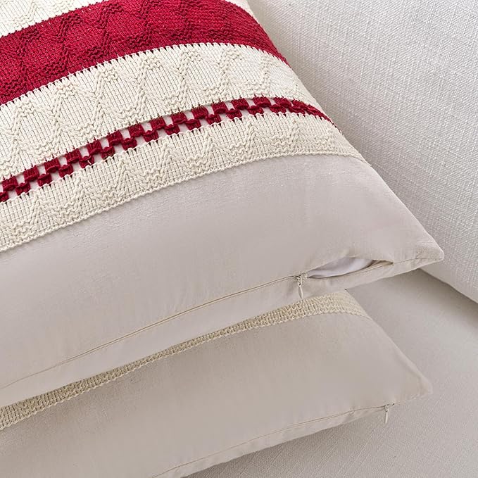 Fancy Homi Set of 2 Boho Red Decorative Throw Pillow Cover 16x16 Inch for Couch Bed Sofa, Aesthetic Modern Organic Farmhouse Home Decor, Soft Cotton Cute Accent Macrame Woven Cushion Case