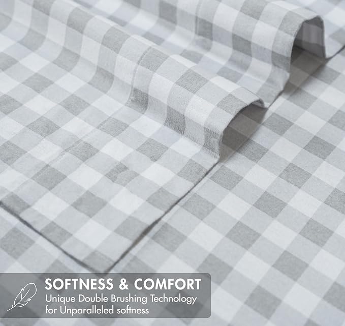 RUVANTI Flannel Sheets Queen Size - GOTS Certified 100% Organic Cotton, 4 Piece Warm, Soft & Breathable Set, Deep Pocket Snug Fit, Double Brushed Cozy All Season Bedding, Open Gingham