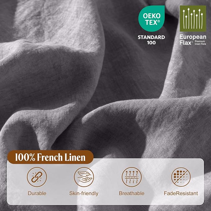 LBRO2M 100% France Linen Duvet Cover Set 3 Pcs Including 1 Flax Comforter Cover with Zipper Closure, 2 Pillowcase, Cozy Duvet Cover Full Size, Dark Gray