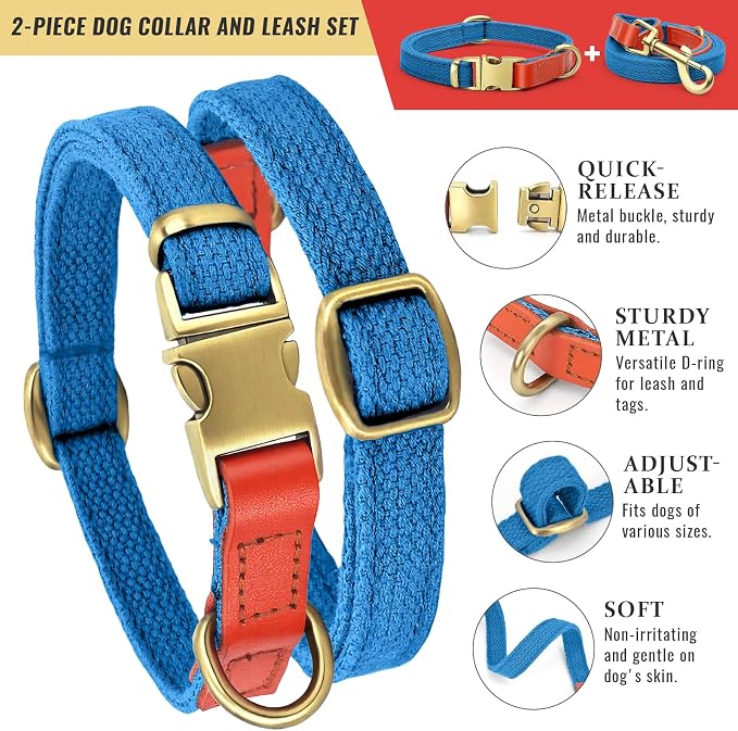Dog Collar and Leash Set with Metal Quick Release Buckle, Adjustable, Breathable Nylon, Durable, Soft and Comfortable, No Pull for Walking and Training, Blue, M (12.5"-19.6")