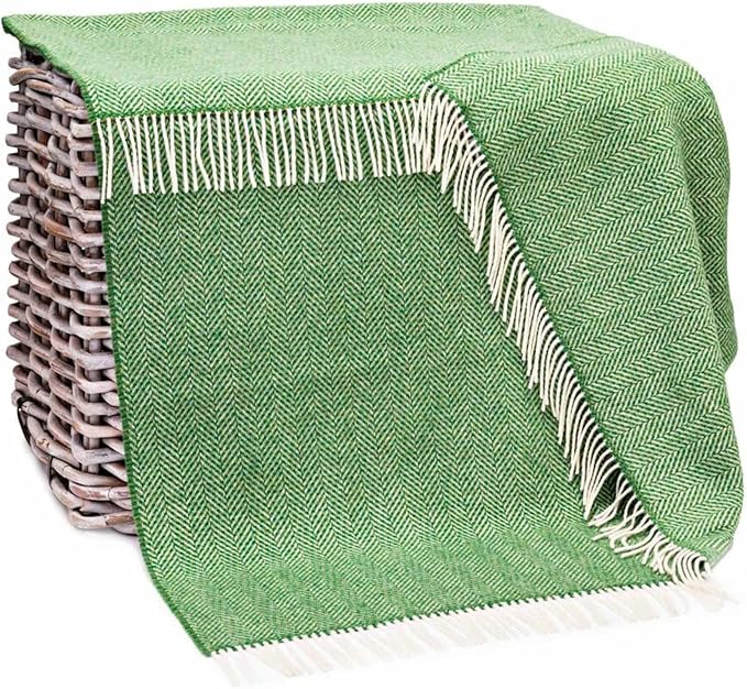 Biddy Murphy Irish Merino and Cashmere Wool Throw Blanket, Made in Ireland, Heirloom Quality, 54" x 71", Green Herringbone Pattern