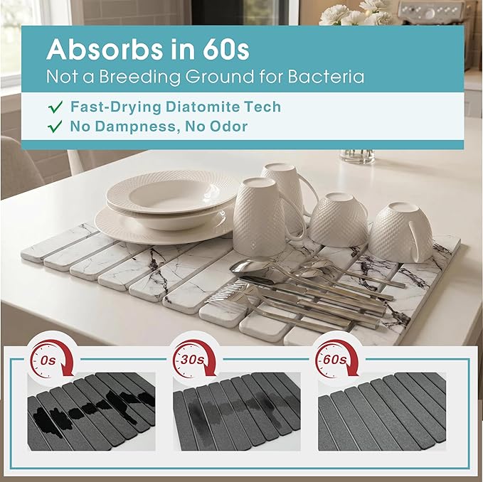 Diatomaceous Earth Stone Dish Drying Mat for Kitchen Counter – Quick Drying Mat Set (1*Large 23"×15.5" & 2*Small 7.5"×4") | Kitchen Drying Mat for Dishes, Cups & Utensils, Sink Mat (White Marble)