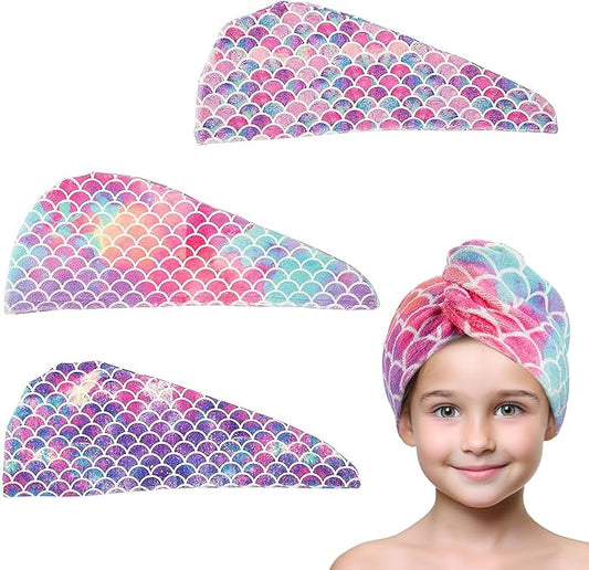 MADHOLLY Fast Drying Microfiber Hair Towel for Kids Women - 3 Packs Soft Super Absorbent Hair Towel Wrap with Button, Anti-Frizz Turban for Thicker Curly Long Hair, Mermaid Gift for Girls