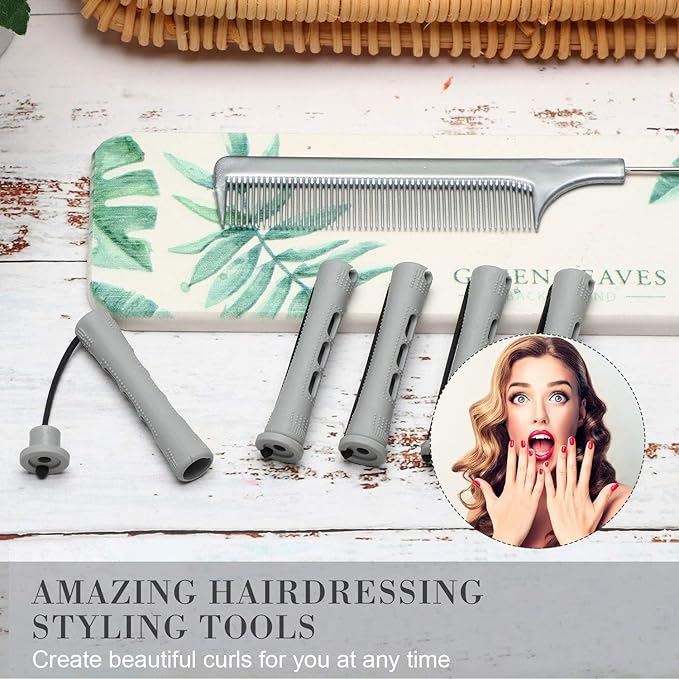 48 Pieces Hair Perm Rods Short Cold Wave Rods Plastic Perming Irons Hair Curling Rollers Curlers with Steel Pintail Comb Rat Tail Comb for Hairdressing Styling Supplies(0.59 Inch,Gray)