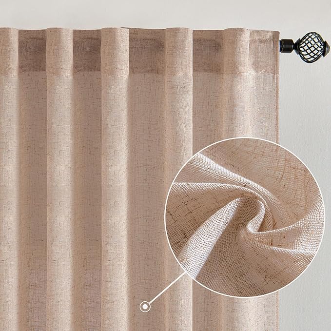 MIULEE Natural Beige Linen Curtains 72 Inch Length 2 Panels for Bedroom Living Room, Soft Linen Textured Window Drapes Semi Sheer Light Filtering Back Tab Rod Pocket Farmhouse Burlap Look Decor