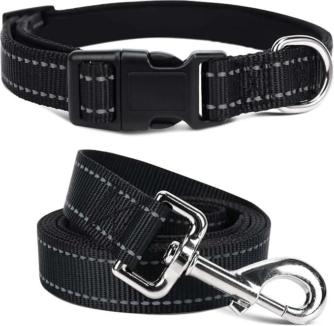 Soft Neoprene Padded Dog Collar and Leash Set for Small Medium Large Dogs, Reflective Durable Nylon Dog Collar with 5ft Leash Easy for Walking, Black,Neck fit 14.0-23.5’’