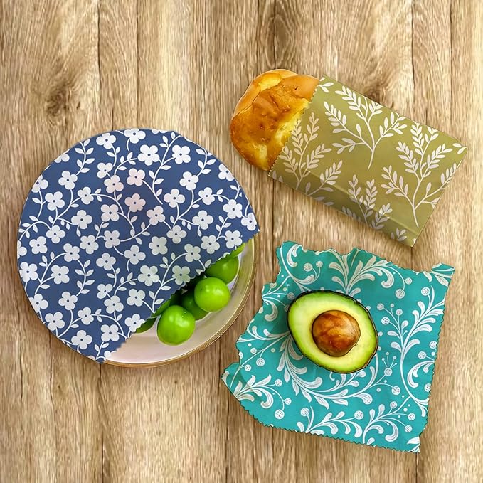 Reusable Beeswax Wraps, 9 Pack Sandwich, Snack, Bowl, Food Storage, Organic, Sustainable, Zero Waste, Plastic-Free, Eco-Friendly, 1XL, 3M, 5S, Blue Green Floral Botanical Prints