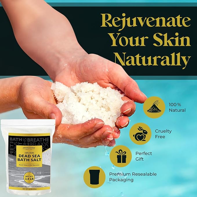 Aromasong Dead Sea Salts for Soaking - 2.43 Lbs Fine Grain Bath Salt Soak in Large Bulk resealable Pack, 100% Pure & Natural - Soak for Women & Men to Relax Tired Muscles and Treat Skin Issues