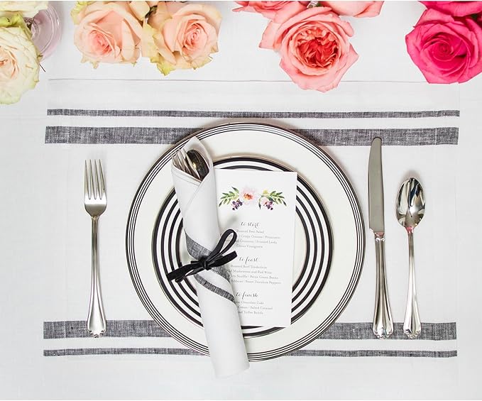 Solino Home Linen Dinner Napkins 20 x 20 Inch - 100% Pure Linen French Stripe Black and White Napkins Set of 4 for Summer