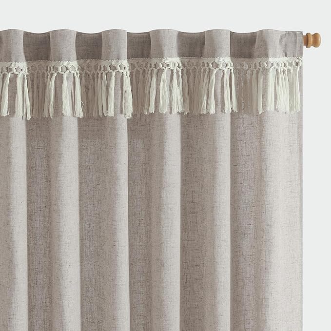 jinchan Linen Curtains for Living Room Bedroom Light Filtering Semi Sheer Curtains Boho Farmhouse French Country Cottage Core Decor Window Drapes Back Tab 96 Inch Length Tassel Taupe