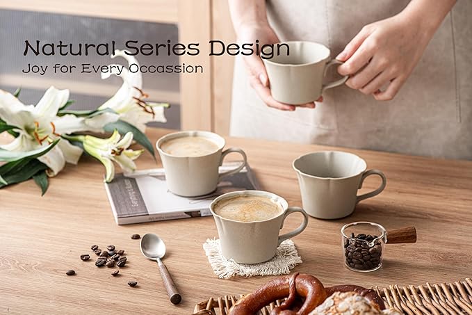 Ceramic Coffee Mugs Set of 4, Vintage Flower Mugs,6 oz Small Coffee Cups with Handle,Handmade Floral espresso mugs for Latte,Cappuccino,Tea Cups (Natural Beige, 6, OZ)