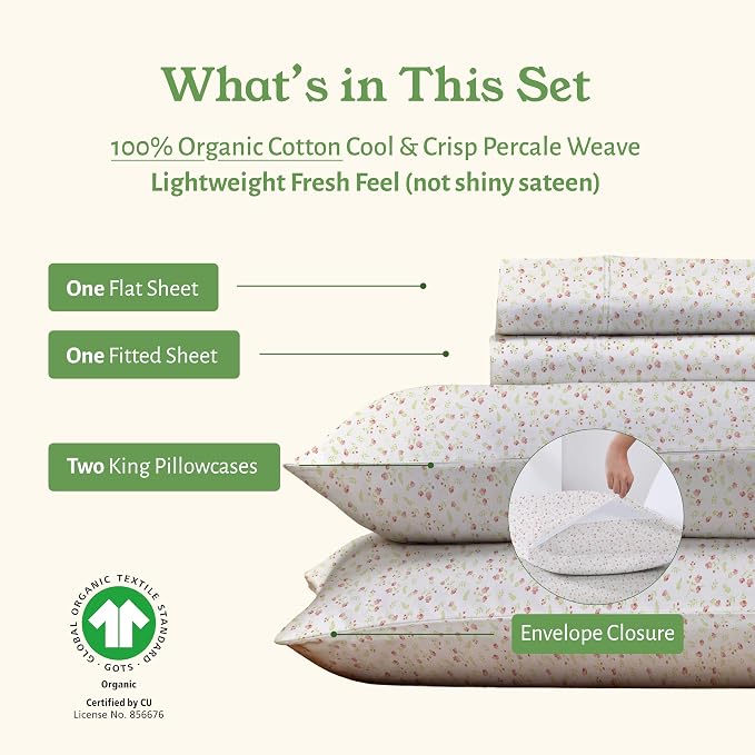 California Design Den Cal King Floral Sheet Set, 100% Organic Cotton Percale Sheets, Deep Pocket California King Sheets & Pillowcase Set - Floral