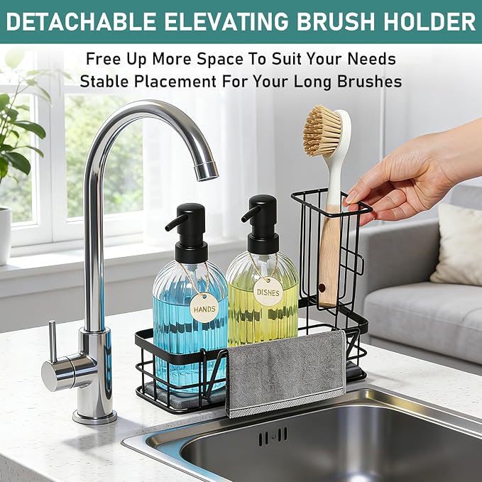 Hand and Dish Soap Dispenser Set, 14.4 oz/425 ml Dish Soap Dispenser, Dish Soap Dispenser with Sponge Holder & Diatomite Tray, for Countertop Organizer