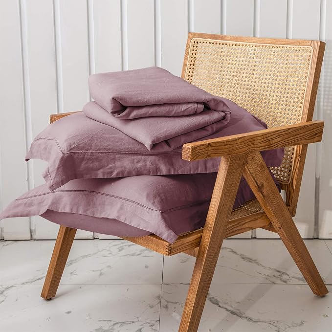 Simple&Opulence 100% Washed Linen Duvet Cover with Embroidered, 3 Pieces Soft Farmhouse Comforter Set with Button Closure,1 Duvet Cover and 2 Pillowshams(Queen,Purple)