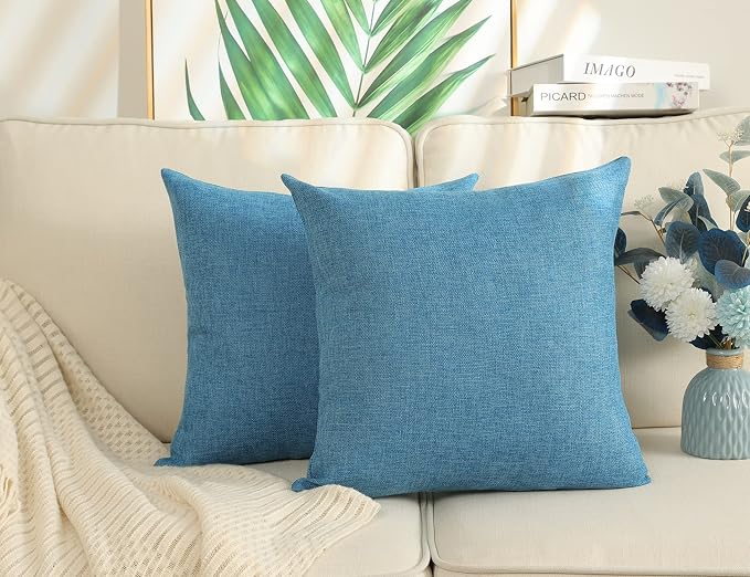 Stellhome Burlap Throw Pillow Covers 18x18 inch for Living Room Decorative Linen Rustic Pillows Neutral Accent Cushion Cases Set of 2, Blue
