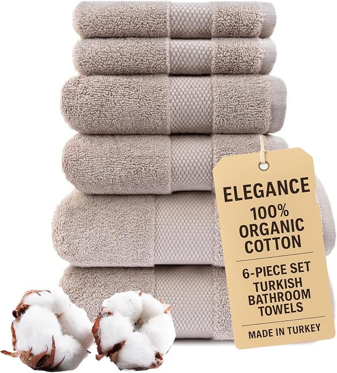 Maisonette Elegance 100% Organic Cotton Turkish Bathroom Towels Set, Ideal Quick Dry Luxury Washcloths, Hand & Large Luxury Bath Towels for Shower (6 Pack), Light Brown (Dune)