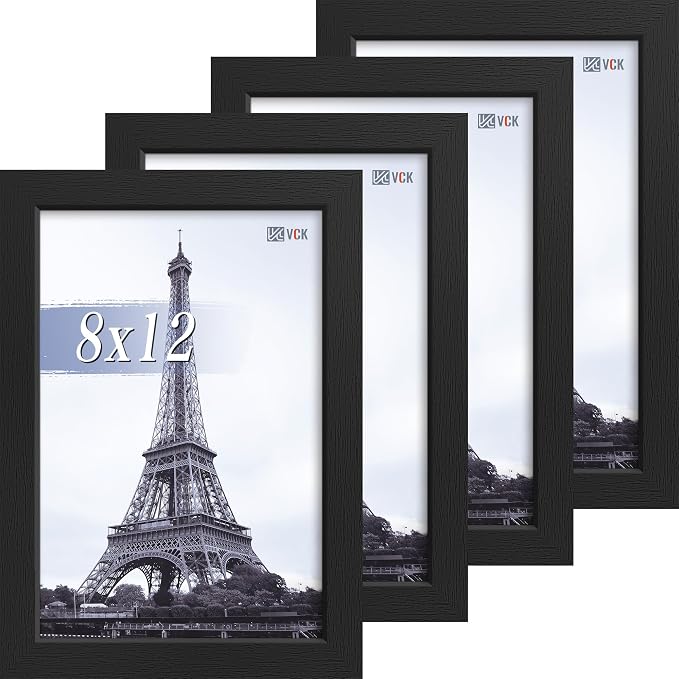 VCK 8x12 Picture Frame Black - 4 Pack, Gallery-Quality Wood Poster Frames, 1.1-Inch Wide Border, Polished Plexiglass, Vertical or Horizontal Wall & Tabletop