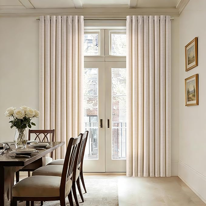 90 Inch Length 2 Panels Oatmeal Beige Linen Curtains Light Filtering Semi Sheer Grommet Drapes Thick Linen Privacy Boho Farmhouse Window Curtain for for Bedroom Sliding Door 52x90