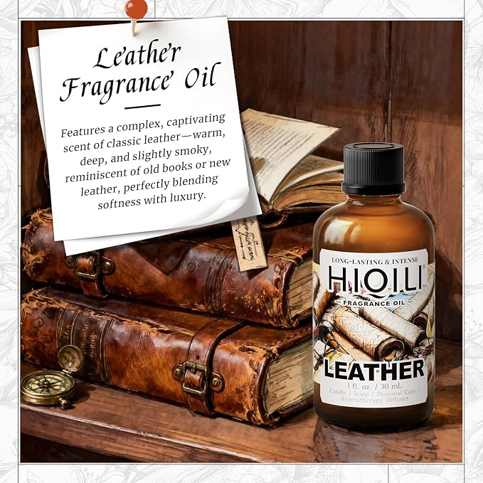HIQILI Leather Fragrance Oil, Men's Scent for Car Air Freshener - 30ML | Suitable for Soap, Candle, Perfume Making, Long-Lasting Leather Scent, Pet Safe, Graduated Dropper Included