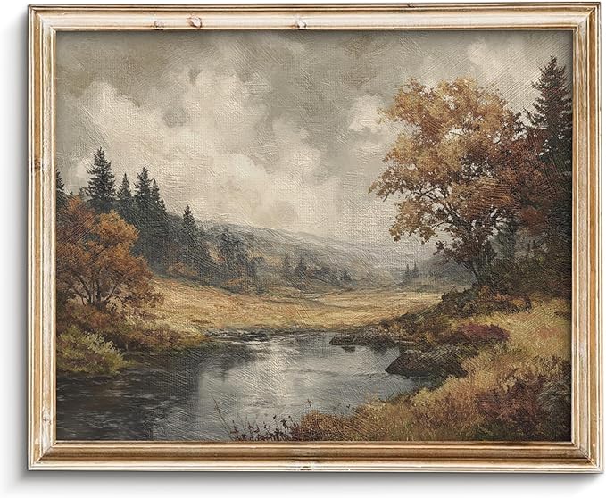 Vodefoad Autumn Landscape Retro Vintage Canvas Wall Art Vintage Landscape Wall Art, Farmhouse River Painting, Cottagecore Decor Fall Landscape Print Moody Autumn Print for Bedroom Bathroom Decor - 8x10Inch Unframe