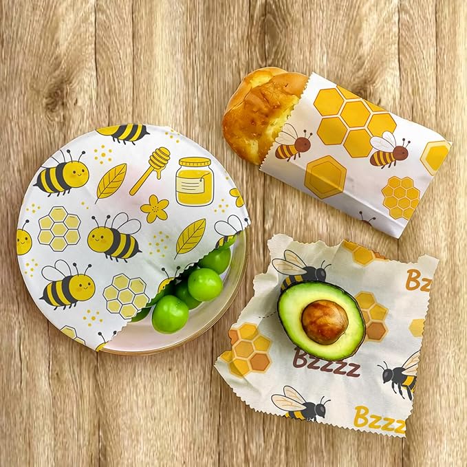 Reusable Beeswax Wraps, 9 Pack For Sandwich, Bread, Fruit, Bowl, Organic, Sustainable, Zero Waste, Plastic-Free, Eco-Friendly Food Storage, 1XL, 3M, 5S, Bee and Honeycomb Pattern