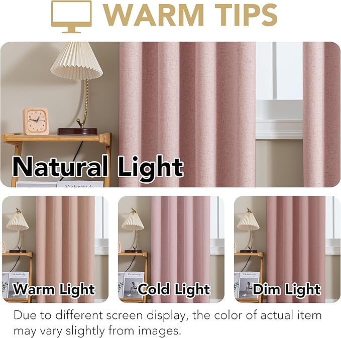 H.VERSAILTEX Linen Curtains 100% Blackout Curtains for Bedroom 120 inch Long Full Light Blocking Nature Linen Blended Window Curtains for Living Room Nickel Grommet (2 Panels, Heathered Baby Pink)