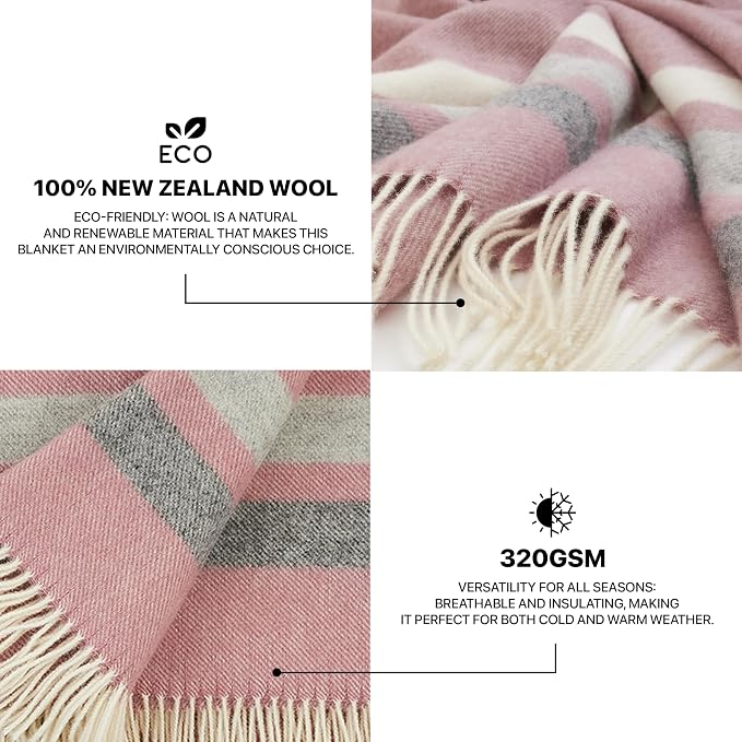 New Zealand Virgin Wool Throw Blanket, Indoor & Outdoor Blankets and Throws, Striped Soft Blanket with Fringes, 55 x 79 in (140 x 200 cm), Pink, Gray, & White