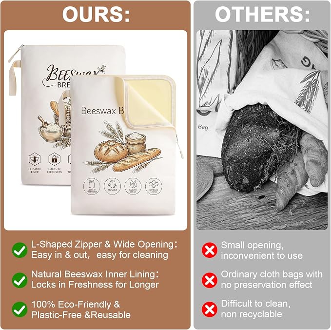 Beeswax Bread Bags 2 Pack Reusable Cotton Sourdough Storage Eco | L-zipper opens wide for easy loading. Beeswax coating keeps bread fresh. Washable, freezer-safe. 2 designs.