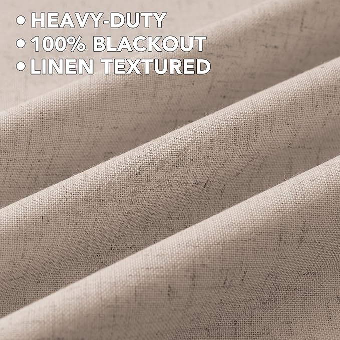 H.VERSAILTEX Linen Curtains 100% Blackout Curtains for Bedroom 90 inch Long Full Light Blocking Nature Linen Blended Window Curtains for Living Room Nickel Grommet (2 Panels, Heathered Sand)